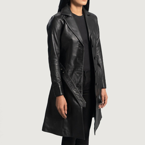 Manteau trench unisexe en cuir véritable Rahsal Industries, col montant, fermeture éclair, longueur longue, coupe-vent, couleur unie, coupe classique - Product Image 2