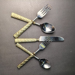 Elegant Basket Weave Pattern Gold Handle Cutlery <b>Set</b> Premium Stainless Steel <b>Knife</b>, <b>Fork</b>, <b>and</b> Spoon <b>Set</b> for High End Hotel - Product Image 3