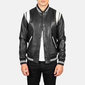 Men's Black <b>Leather</b> Varsity <b>Jacket</b> Regular Fit Turn-Down Collar Button Closure Solid Color Casual Style Autumn Wear - Product Image 1