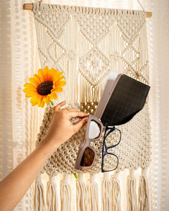 <b>White</b> Boho Macrame Wall Pockets with Cotton Rope and Wooden Handle Handmade <b>Hanging</b> Storage Organizer for Home Decoration - Product Image 3