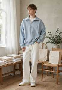 Sweat-shirt unisexe bleu clair à demi-zip en coton French Terry à manches longues, haut décontracté, tenue avec pantalon blanc, style uniforme scolaire - Product Image 4