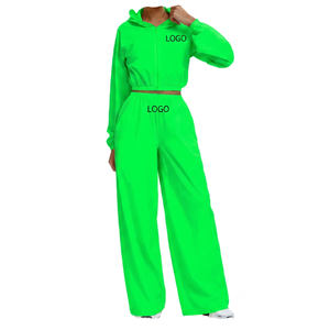 Women's Cream Hooded <b>Zip</b>-<b>Up</b> <b>Crop</b> Top & Wide Leg Pants Set Loose Fit Solid Color Front Logo Casual Outfit - Product Image 2