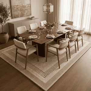 Tapis moderne en laine crème tufté à la main avec bordure géométrique côtelée, envers en latex, texture tonale pour salon - Product Image 3