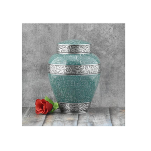Urne funéraire de luxe en aluminium craquelé turquoise, ornée de bandes florales argentées, écologique, faite à la main, pour cendres commémoratives - Product Image 1