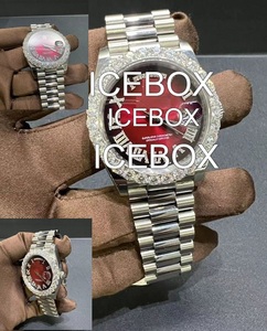 Montre-bracelet en acier inoxydable avec cadran en verre entièrement serti de moissanite, étanche 10 bars, fermoir de bracelet, diamant rouge - Product Image 2