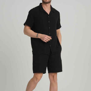Ensemble polo et short en coton pour homme, 2 pièces, couleur noire, entièrement boutonné, confortable et respirant. - Product Image 3