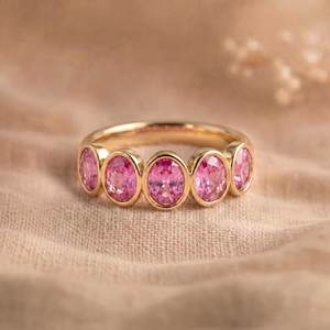 Bague en saphir rose taille ovale, or massif 18 carats, bande fantaisie colorée, pour femme, cadeau de fiançailles pour petite amie - Product Image 4