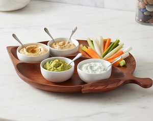Elegante Plato de Servir de Madera con Forma de Hoja, con 4 Compartimentos, Diseño de Planta Grabado a Mano, Estilo Moderno - Product Image 3