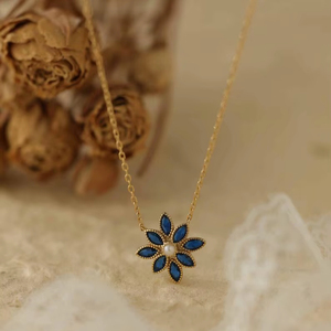 ทอง 14k คามีเลีย บลูแซฟไฟร์สร้อยคอมุกดอกไม้หรูหราอัญมณีเครื่องประดับงานแต่งงานของขวัญสำหรับผู้หญิงหรูหรา - Product Image 1