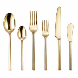 Nouvel ensemble de couverts de luxe en acier inoxydable avec poignée dorée minimaliste, comprenant cuillère, fourchette et couteau, pour la table à manger à domicile - Product Image 1