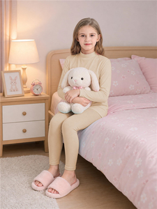 T-shirt à col roulé en coton tricoté beige à manches longues pour filles, avec logo personnalisé, sous-vêtement pour enfants, couche de base - Product Image 3