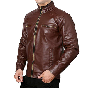 Blouson moto à capuche en cuir PU marron pour homme, col rond, fermeture éclair, manches régulières, couleur unie, streetwear, séchage rapide, respirant - Product Image 2