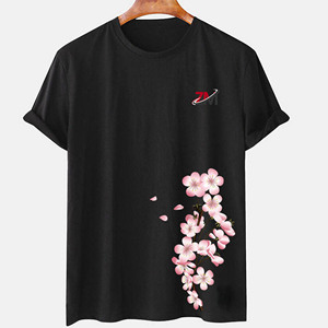 Camiseta de Manga Corta Negra para Hombre, Diseño Único, Cuello Redondo, Estampado Floral, Informal, de Algodón, Corte Regular, Transpirable - Product Image 1