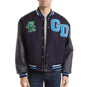 Veste universitaire marine pour homme en similicuir PU avec patch ours vert et lettres GD bleues sur les manches, style preppy, col rabattu - Product Image 1