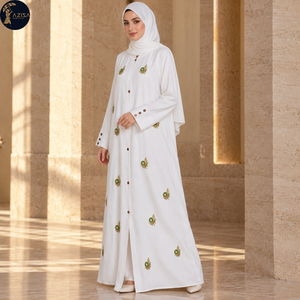 Abaya Blanca Pura con Estampado Verde Dorado y Botones en la Parte Delantera para Mujer |   Vestido modesto y fluido con textura fina - Product Image 2