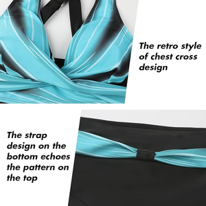 Conjunto de Bikini para Mujer, Top Halter Cruzado a Rayas, Braguita de Cintura Alta, Traje de Baño con Diseño Push-Up, Spandex y Poliéster, Ropa de Playa - Product Image 3