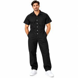 Men's <b>Black</b> Cotton Work Coverall <b>Jumpsuit</b> <b>Short</b> Sleeve Button Front Chest Pocket Breathable Uniform Overall Full Length Pants - Product Image 1