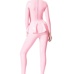 Combinaison longue rose en PU pour femme, col roulé, manches longues, taille froncée, très extensible, style moulant et sexy pour clubbing - Product Image 2