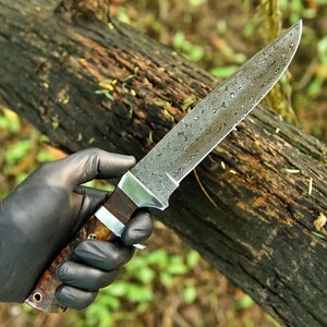 Cuchillo Bowie de Caza de Hoja Fija de Acero de Damasco de Grado Industrial de Alta Calidad UA Supplies con Punta Caída y Mango de Cuerno de Carnero OEM/ODM - Product Image 2