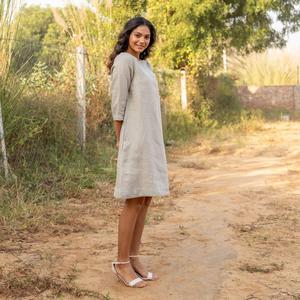 Robe d'été décontractée en coton et lin pour femme, manches 3/4, col rond, ample, confortable, légère, longueur midi - Product Image 3