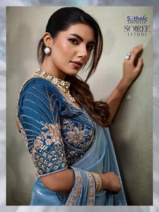 Sari de Seda Bordado de Diseño Glamuroso, Largo hasta el Suelo, Diseño Moderno para Fiestas, Bodas, Eventos Culturales, Suave y Largo - Product Image 2