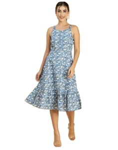 Vestido de verano de talla grande para mujer, longitud media, 100% de algodón, estampado a mano, Azul, Blanco, Floral, plisado, sin mangas, hecho a mano, India - Product Image 1