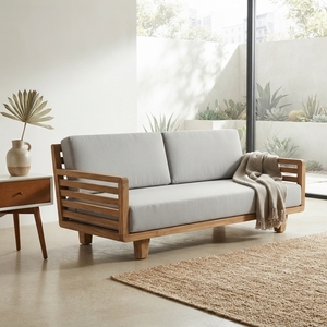 Premium wooden sunrise double <b>sofa</b> minimalist solid teak <b>wood</b> living room two seater couch grey light blue cushion seating units - Product Image 5