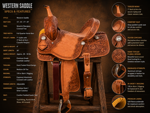 Silla de Montar Western de Cuero Genuino Premium para Doma y Salto, con Arco de Madera Tallado Floral Hecho a Mano y Característica AC - Product Image 6