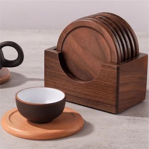 Modern Handmade Walnut Wood Coaster Set with Storage Holder Premium Round Wooden Drink Coasters for <b>Table</b> Durable Home Decor - Product Image 1