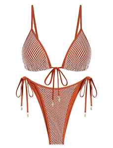 Bikini de Dos Piezas de Secado Rápido para Mujer, Tanga Triangular con Cordones de Malla, Decoración de Encaje, Talla Adulto, para Playa y Piscina - Product Image 4