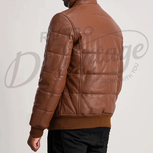 Custom Men Brown Puffer Leather <b>Jacket</b> Quilted Padded Bomber Coat Warm Winter Stand Collar Genuine Leather <b>Zip</b> <b>Up</b> <b>Jacket</b> - Product Image 2