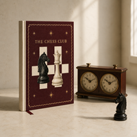Carnet de club d'échecs personnalisé LABON, couverture rigide bordeaux, bordure festonnée dorée, dos de livre crème, étoiles dorées, motif cavalier et reine d'échecs