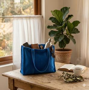 Sac fourre-tout de luxe en velours de coton bleu pour femme, grande capacité, léger, pliable, écologique, matelassé, avec fermeture éclair et double poignée - Product Image 1