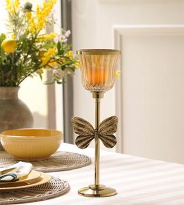 Gold Metal Butterfly <b>Candlestick</b> Holder with Ribbed <b>Glass</b> Cup for Home Decoration - Product Image 1
