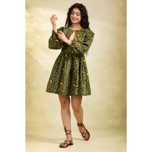 Minivestido verde floral con aberturas, mangas largas abullonadas, silueta en A, cuello con abertura decorativa, 100% algodón, cintura natural - Product Image 2