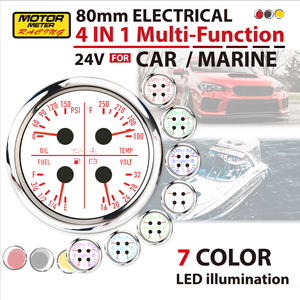 Nouveau Jauge 4-en-1 80mm pour Pression d'Huile (PSI), Température d'Eau, Niveau de Carburant et Voltmètre, LED 7 Couleurs Blanc, 24V, Capteur pour Voiture et Bateau - Product Image 2