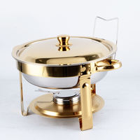 Plat à réchaud classique haut de gamme en acier inoxydable doré miroir, chauffe-plats de buffet rond avec couvercle suspendu à piliers arqués, écologique