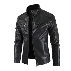 Blouson moto en cuir noir pour homme, col montant, fermeture éclair, coupe ajustée, couleur unie, manches classiques, idéal pour l'automne - Product Image 2