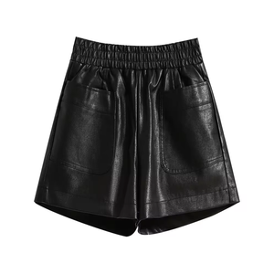 High <b>Waist</b> Black PU Leather Shorts Women <b>Elastic</b> <b>Waist</b> Skinny Fit Breathable Light Moto Biker Style Pockets Solid Color Short - Product Image 4
