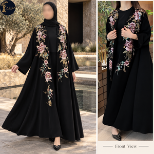 Abaya Floral Artesanal con Frente Abierto para Mujer, con Mangas Largas, Túnica Negra Fluida |   Moda Musulmana con Bordado Botánico Multicolor - Product Image 4