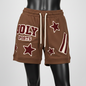 Shorts de mujer de felpa suave de algodón y poliéster, color marrón, transpirables, con tela cepillada, estampado de estrellas, logotipo personalizado. - Product Image 1