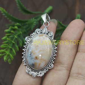 Natural Dendrite <b>Opal</b> Silver Pendant Handmade Vintage Oval Gemstone Jewelry Designer BohoStatement Healing <b>Necklace</b> Gift for Her - Product Image 3