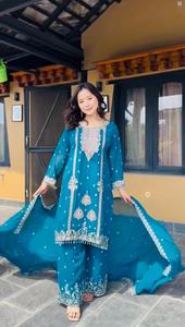 Diseñador Pure Chinon Bordado Secuencia Partywear Salwar Kameez Heavy Dupatta Set con OUTFIT TOP PLAZZO - Product Image 3