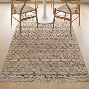 Tapis en jute naturel tissé à la main texturé, moderne, antidérapant, beige crème, motif géométrique losanges, tapis plat à franges - Product Image 5