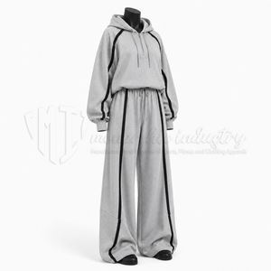 Ensemble de survêtement 2 pièces pour femme, gris, avec sweat à capuche et pantalon de survêtement à jambes larges, rayures contrastées, style streetwear décontracté, ensemble assorti, vente en gros - Product Image 3