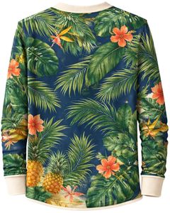 Chemise Henley à imprimé tropical pour homme, bleu marine et vert floral, manches longues, patte de boutonnage, style décontracté, été, plage, mode - Product Image 2