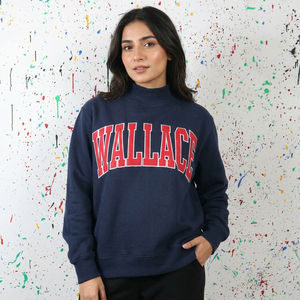Wallace <b>Navy</b> Blue Turtleneck Sweatshirt Oversized Cotton Knitted Casual Pullover Front Letter Print Unisex CLUSH SPORTS - Product Image 1
