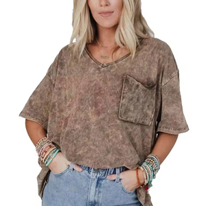 Camiseta de Manga Corta con Cuello en V para Mujer, 100% Algodón, Corte Holgado, Color Sólido Lavado, Estilo Bohemio con Bolsillo, para Primavera/Verano - Product Image 3