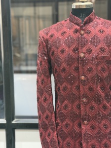 Sherwani de créateur pour homme en soie Sigma gaufrée bordeaux, longueur genou, pour mariage de luxe et tenue ethnique de marié - Product Image 6