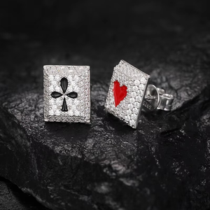 Pass Diamond <b>Tester</b> Moissanite Poker Stud Earrings White <b>Gold</b> 925 Sterling Silver Lab Mossanite Enamel Red Heart and Black Club - Product Image 1